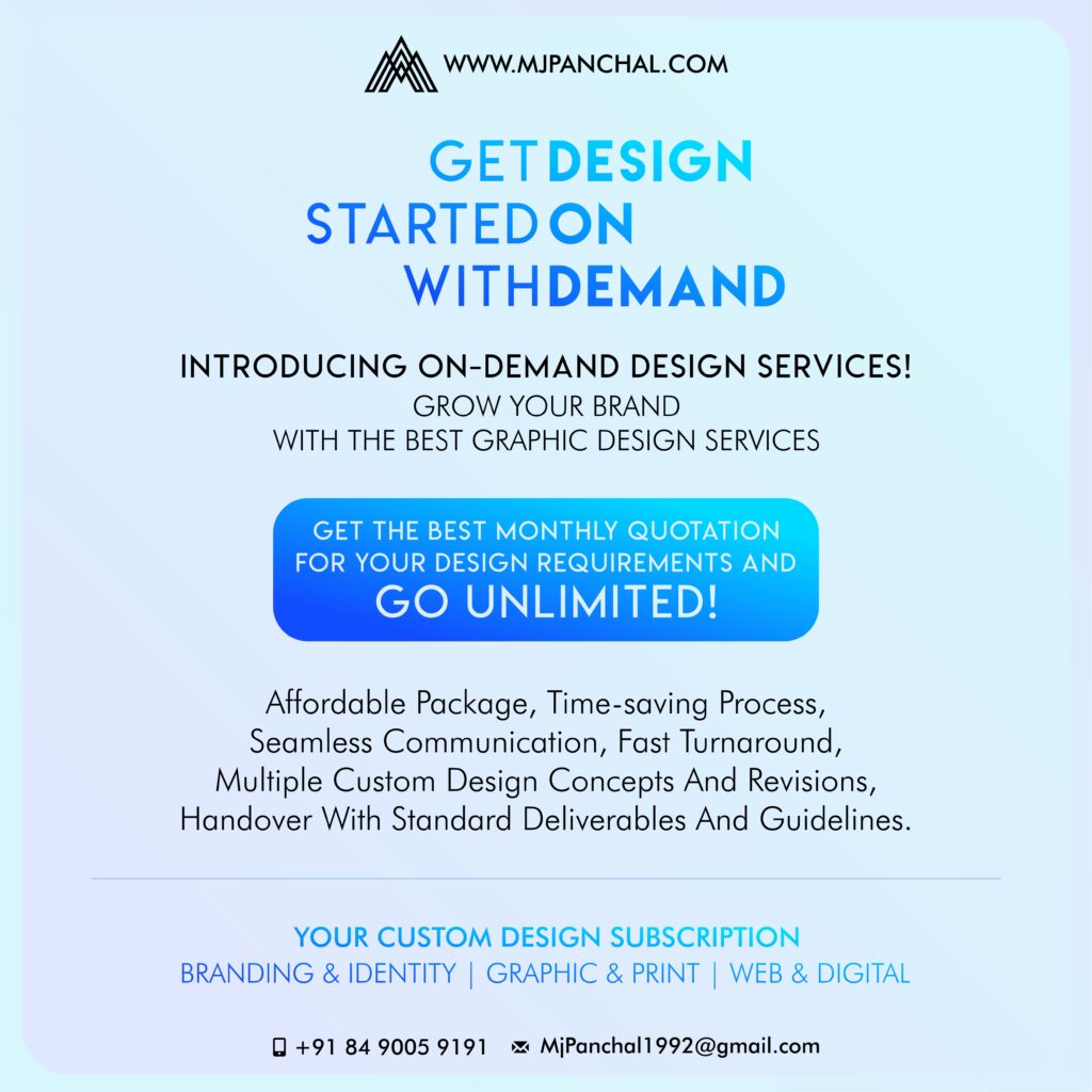 Get Started with Design On Demand! Introducing on-demand design services. Grow your Brand with the best graphic design services. https://mjpanchal.com/get-started-with-design-on-demand/