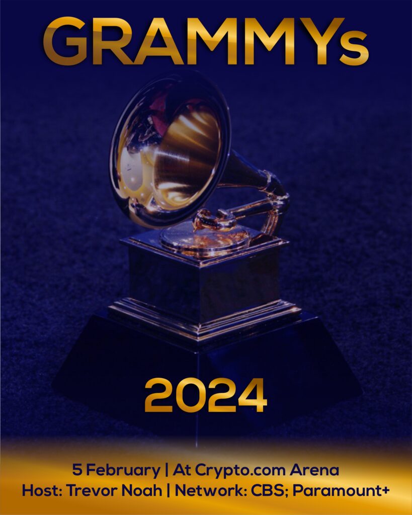 GRAMMYs 2024 5 February | At Crypto .com Arena Host: Trevor Noah | Network: CBS; Paramount+