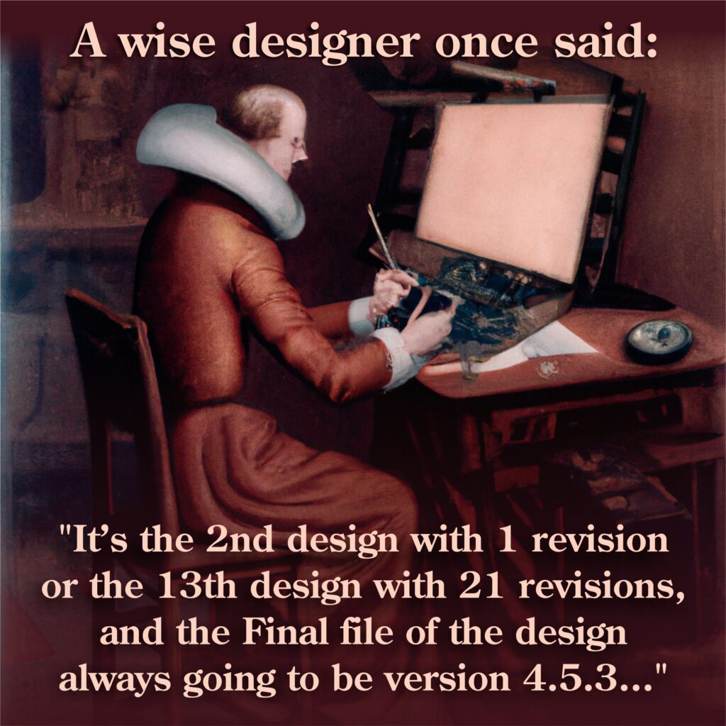 A wise designer once said: "It's the 2nd design with 1 revision or the 13th design with 21 revisions, and the Final file of the design always going to be version 4.5.3..." #advertising #marketing