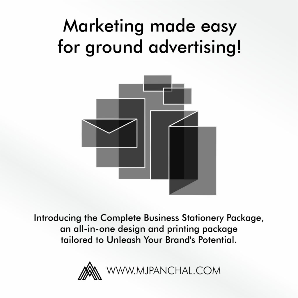 Marketing made easy for ground advertising! https://mjpanchal.com/marketing-made-easy-for-ground-advertising/ Introducing the Complete Business Stationery Package, an all-in-one design and printing package tailored to Unleash Your Brand's Potential. #advertising #marketing